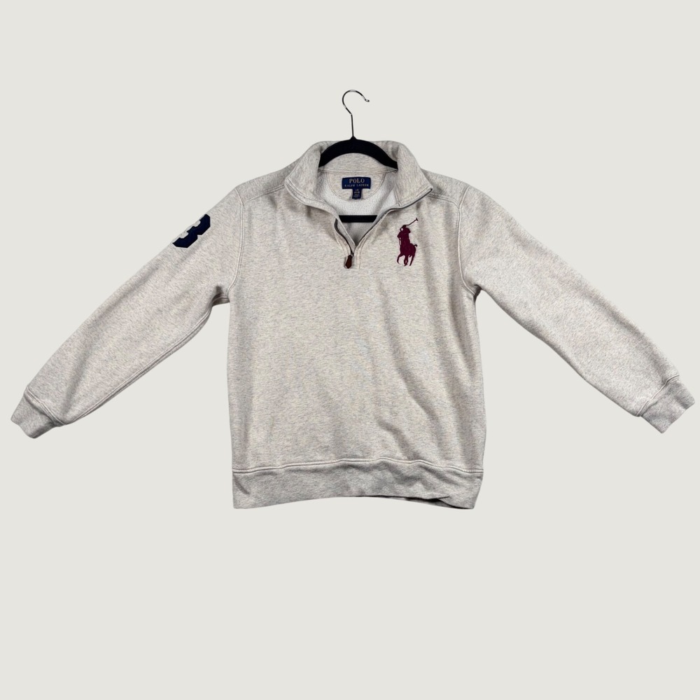 Polo Ralph Lauren 1/4 Zip Pullover Boys Big Pony Sleeve Patch L 14-16 Tan Preppy